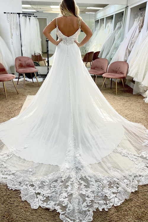 omberprom Elegant Tulle Spaghetti Straps Long Boho Wedding Dress with Lace Appliques