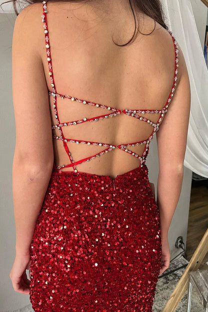 Burgundy Sequins Mermaid Prom Evening Dress
