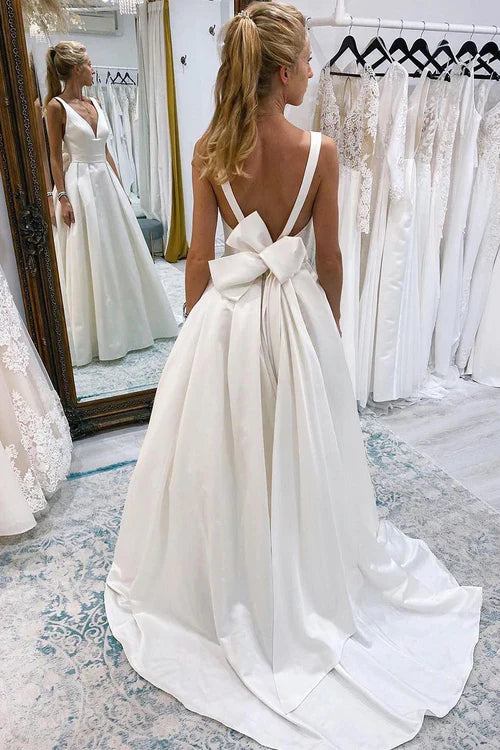 omberprom Elegant A-Line Deep V-Neck Long Wedding Dress with Bowknot