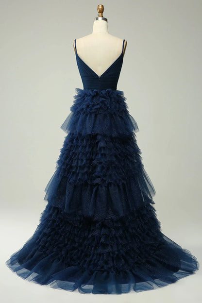 omberprom Sweetheart A Line Evening Dress Spaghetti Straps Long Tulle Prom Dress with Ruffles