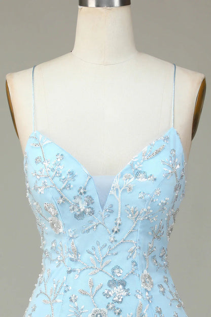 omberprom Short Homecoming Dress Sparkly Blue Sheath Sequins Beaded Flowers Tight Graduation Dresses