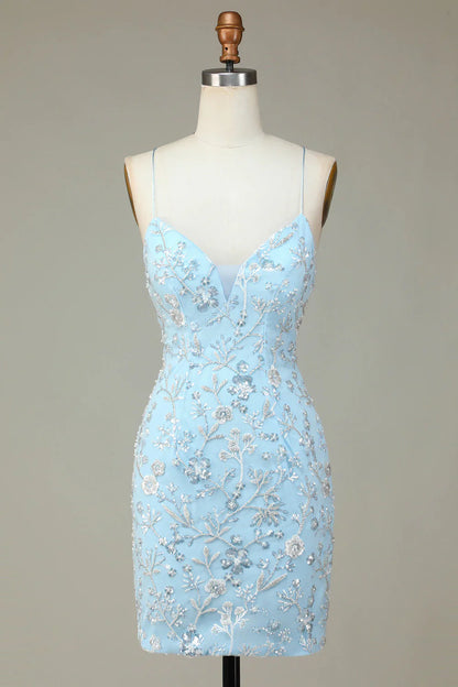 omberprom Short Homecoming Dress Sparkly Blue Sheath Sequins Beaded Flowers Tight Graduation Dresses