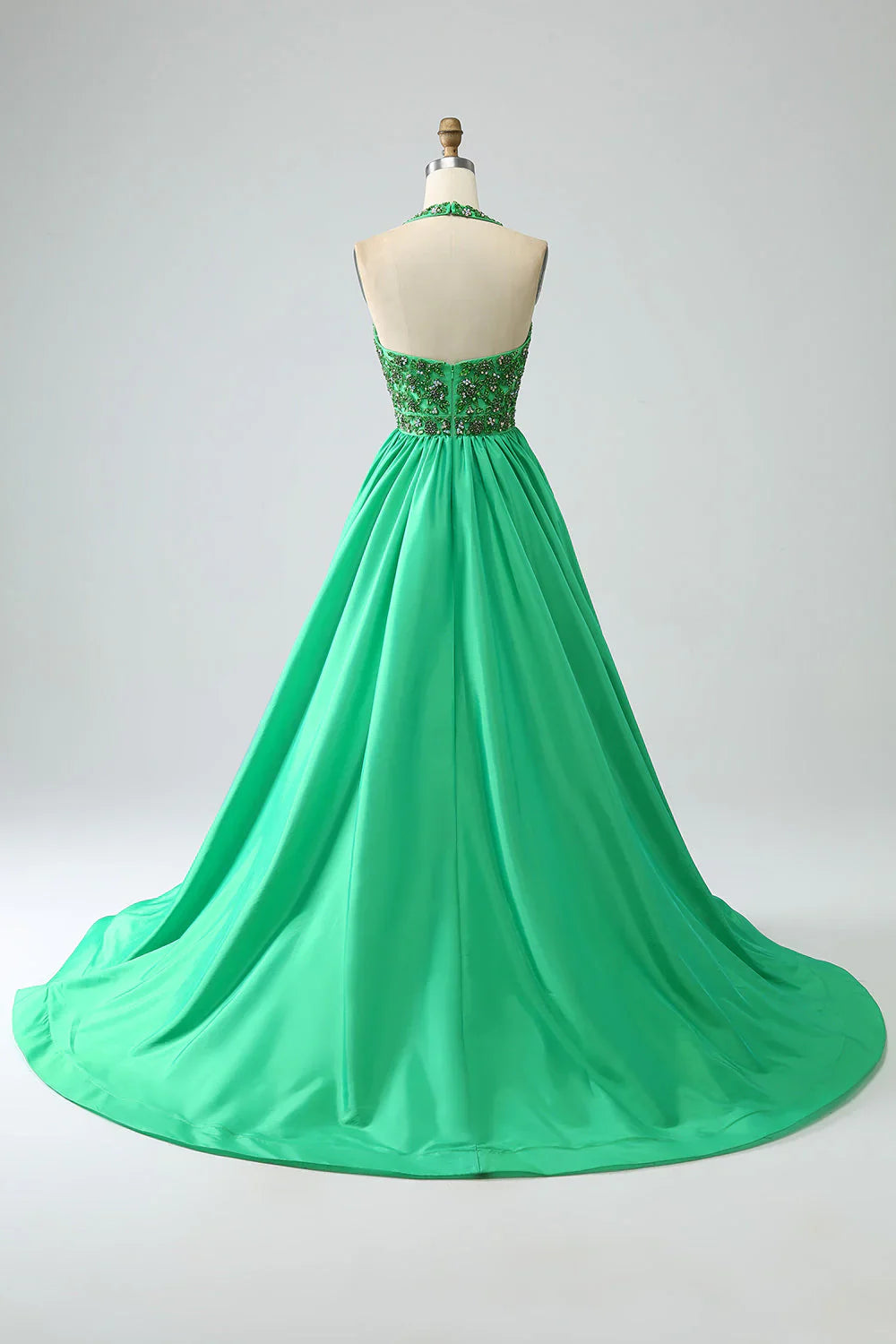 omberprom Green Princess A-Line Evening Dress Halter Long Satin Prom Dress with Beading