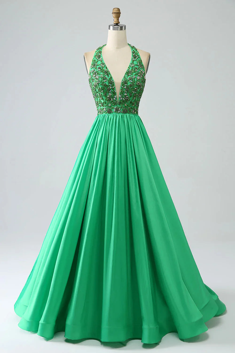 omberprom Green Princess A-Line Evening Dress Halter Long Satin Prom Dress with Beading