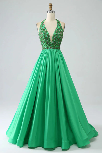 omberprom Green Princess A-Line Evening Dress Halter Long Satin Prom Dress with Beading