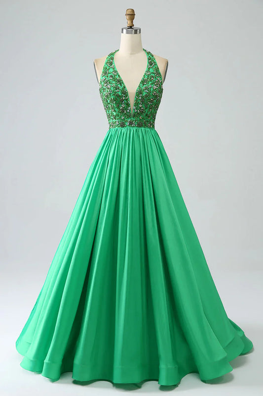 omberprom Green Princess A-Line Evening Dress Halter Long Satin Prom Dress with Beading