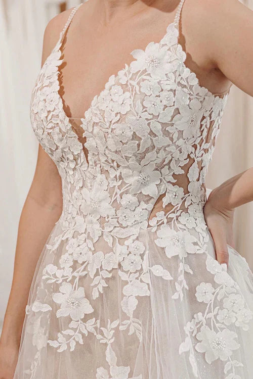 omberprom Elegant Glitter A-Line Spaghetti Straps Long Wedding Dress with Appliques