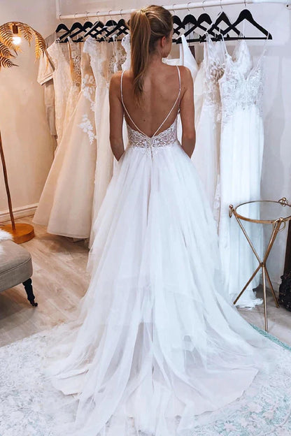 omberprom Elegant A-Line Backless Tulle Long Wedding Dress with Appliques