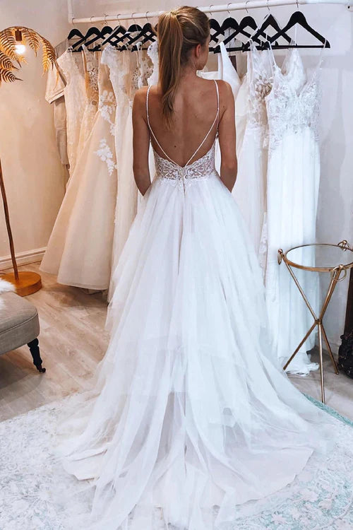 omberprom Elegant A-Line Backless Tulle Long Wedding Dress with Appliques