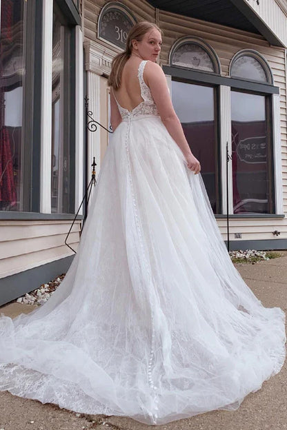omberprom Elegant A-Line Tulle Long Wedding Dress with Beading