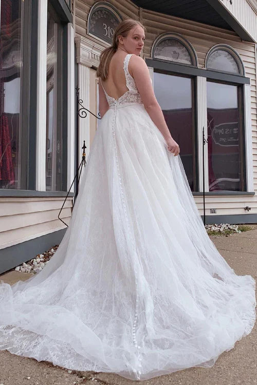 omberprom Elegant A-Line Tulle Long Wedding Dress with Beading