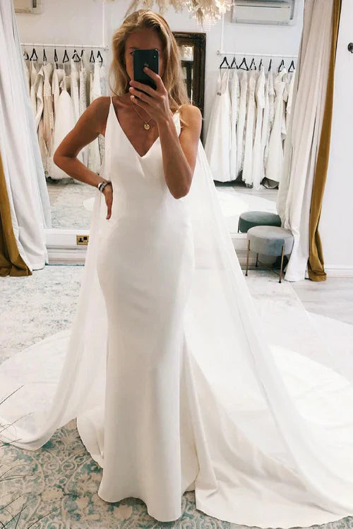 omberprom Elegant Simple Watteau Train Boho Long Mermaid Wedding Dress