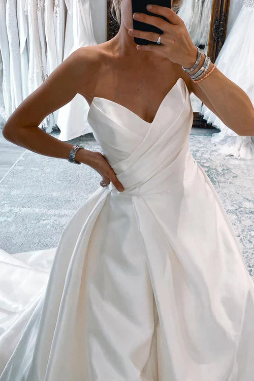 omberprom Elegant Strapless Satin Long A-Line Wedding Dress with Slit Modern Bridal Gown