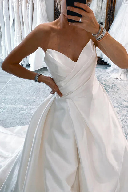 omberprom Elegant Strapless Satin Long A-Line Wedding Dress with Slit Modern Bridal Gown