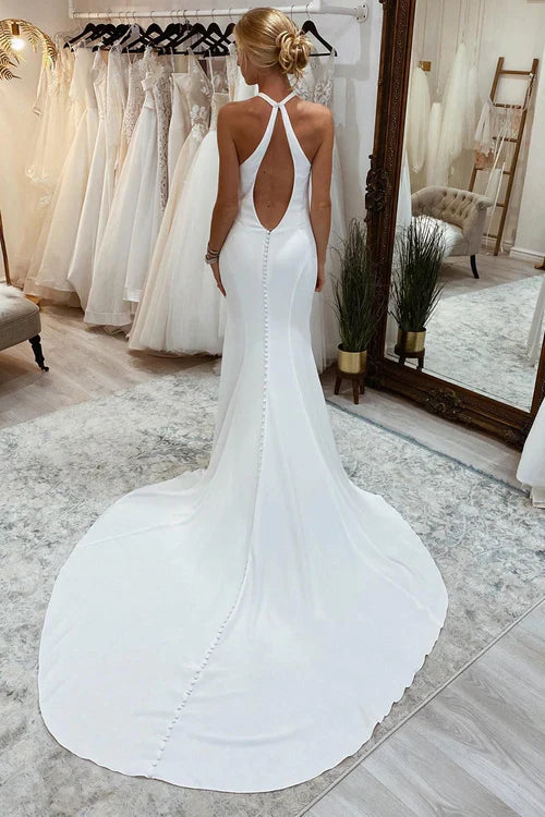 omberprom Elegant Halter Sleeveless Long Wedding Dress Simple Bridal Gown