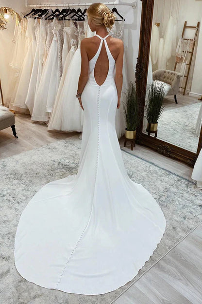 omberprom Elegant Halter Sleeveless Long Wedding Dress Simple Bridal Gown