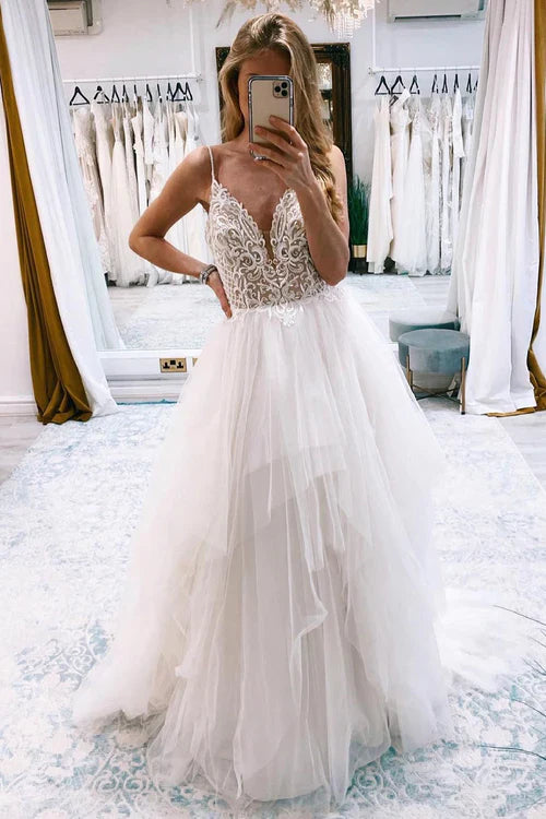 omberprom Elegant A-Line Backless Tulle Long Wedding Dress with Appliques