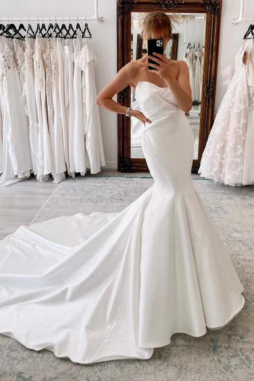 omberprom Elegant Strapless Satin Long Mermaid Wedding Dress Simple Bridal Gown