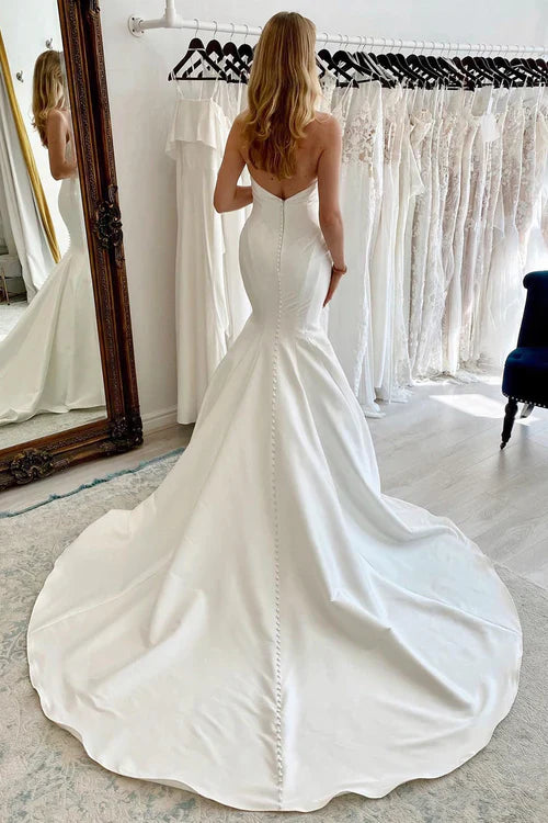 omberprom Elegant Strapless Satin Long Mermaid Wedding Dress Simple Bridal Gown