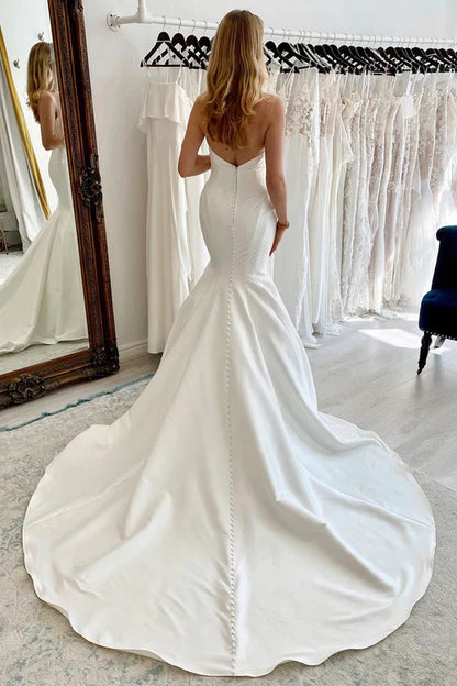 omberprom Elegant Strapless Satin Long Mermaid Wedding Dress Simple Bridal Gown