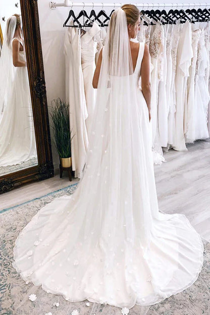 omberprom Elegant Square Neck Sleeveless Boho Long Wedding Dress Simple Bridal Gown No With Wedding Veil