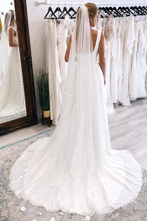 omberprom Elegant Square Neck Sleeveless Boho Long Wedding Dress Simple Bridal Gown No With Wedding Veil