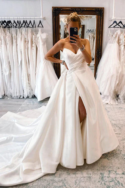omberprom Elegant Strapless Satin Long A-Line Wedding Dress with Slit Modern Bridal Gown