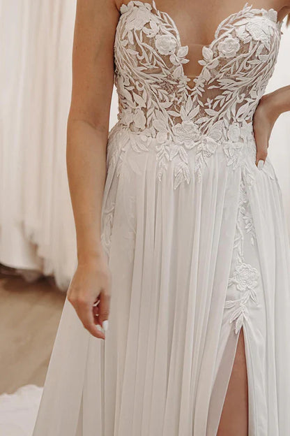omberprom Elegant Sweetheart Long Lace Boho Wedding Dress with Slit