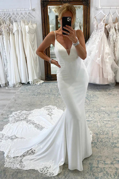 omberprom Elegant Spaghetti Straps Long Mermaid Boho Wedding Dress with Lace