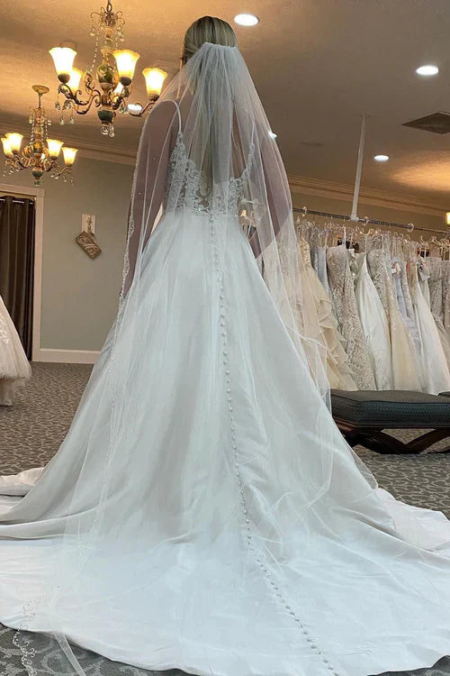 omberprom Elegant A-Line Spaghetti Straps Long Wedding Dress with Beading