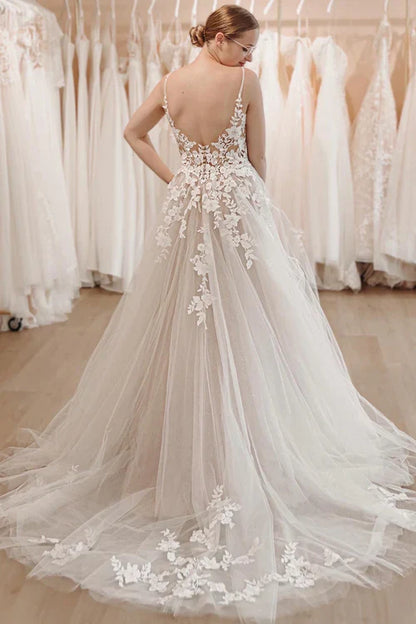 omberprom Elegant Glitter A-Line Spaghetti Straps Long Wedding Dress with Appliques