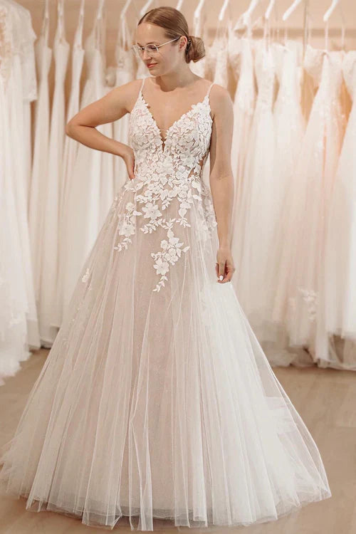 omberprom Elegant Glitter A-Line Spaghetti Straps Long Wedding Dress with Appliques