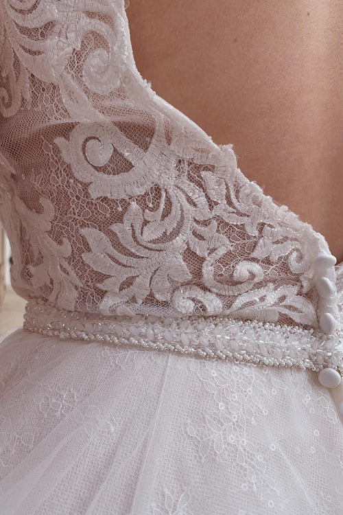 omberprom Elegant A-Line Tulle Long Wedding Dress with Beading