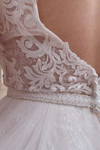 omberprom Elegant A-Line Tulle Long Wedding Dress with Beading