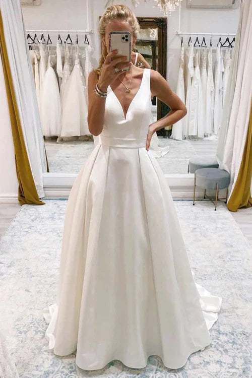 omberprom Elegant A-Line Deep V-Neck Long Wedding Dress with Bowknot