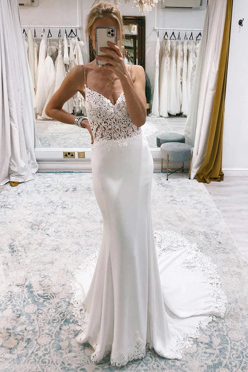 omberprom Elegant Mermaid Sweep Train Boho Long Mermaid Wedding Dress with Appliques