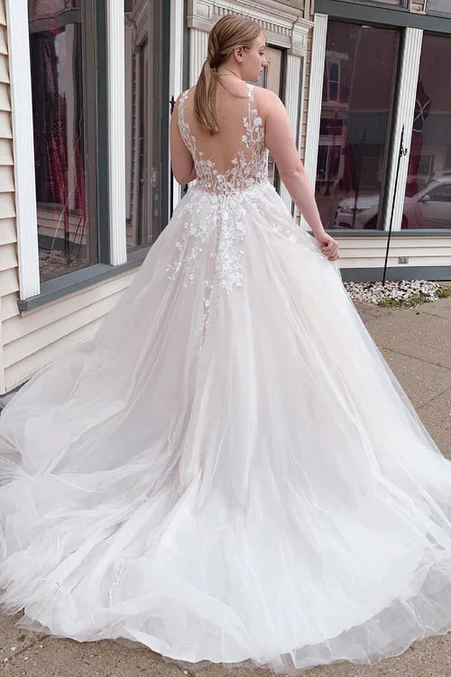 omberprom Elegant A-Line Tulle Sparkly Wedding Dress with Appliques