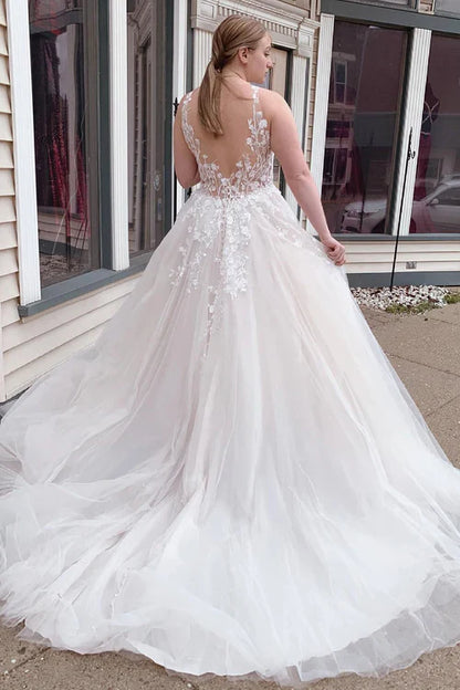 omberprom Elegant A-Line Tulle Sparkly Wedding Dress with Appliques
