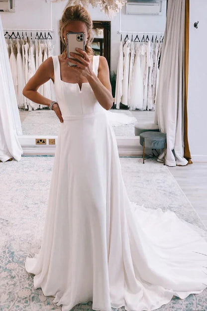 omberprom Elegant Square Neck Sleeveless Boho Long Wedding Dress Simple Bridal Gown No With Wedding Veil