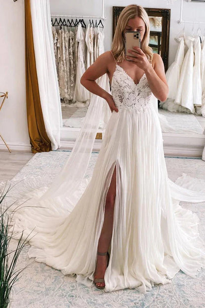 omberprom Elegant A-Line Watteau Train Boho Long Chiffon Wedding Dress with Lace