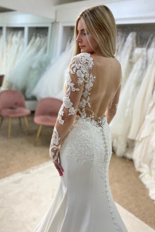 omberprom Elegant V-Neck Mermaid Long Wedding Dress with Lace