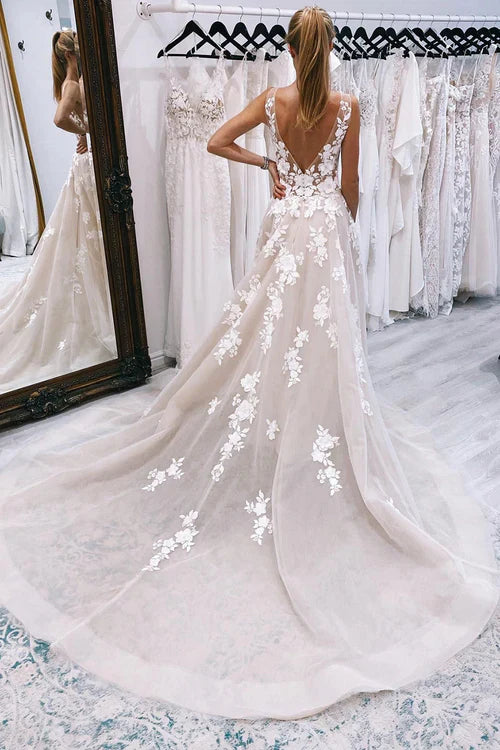 omberprom Elegant A-Line V-Neck Long Tulle Wedding Dress with Appliques
