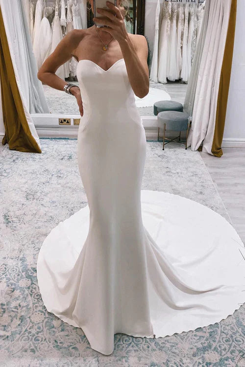 omberprom Elegant Simple Sweep Train Boho Long Mermaid Wedding Dress