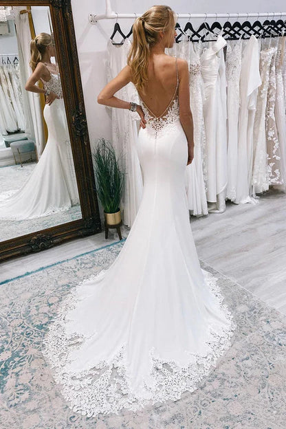 omberprom Elegant Mermaid Sweep Train Boho Long Mermaid Wedding Dress with Appliques