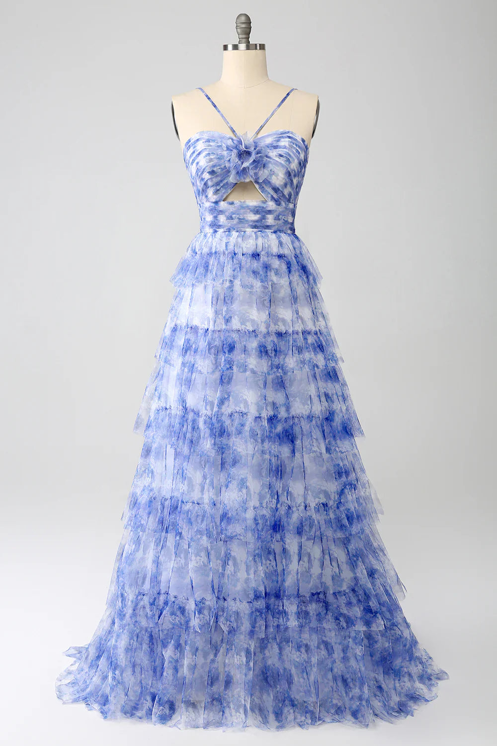 omberprom Blue Flower A-Line Evening Dress Halter Floral Print Tiered Long Prom Dress