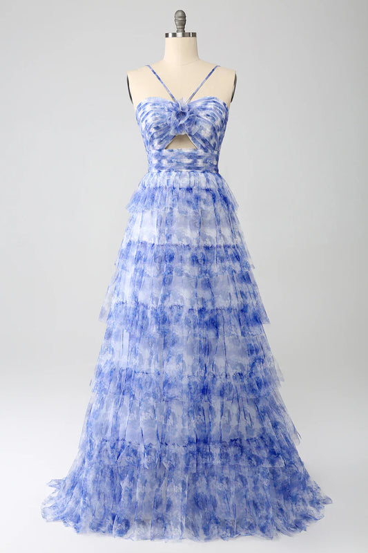 omberprom Blue Flower A-Line Evening Dress Halter Floral Print Tiered Long Prom Dress