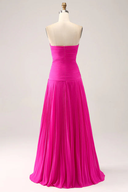 omberprom Fuchsia A-Line Evening Dress Pleated Hollow Out Long Maxi Dress With Slit