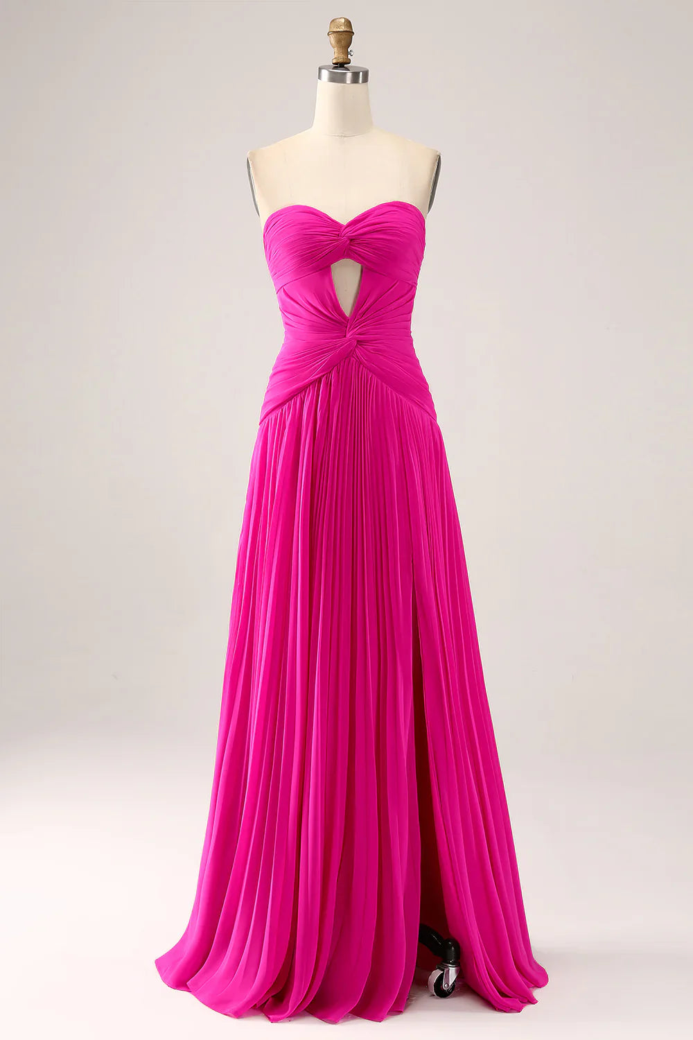 omberprom Fuchsia A-Line Evening Dress Pleated Hollow Out Long Maxi Dress With Slit