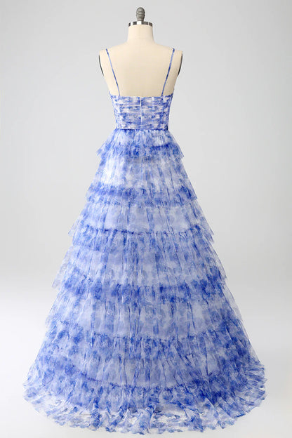 omberprom Blue Flower A-Line Evening Dress Halter Floral Print Tiered Long Prom Dress