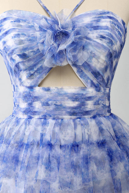 omberprom Blue Flower A-Line Evening Dress Halter Floral Print Tiered Long Prom Dress